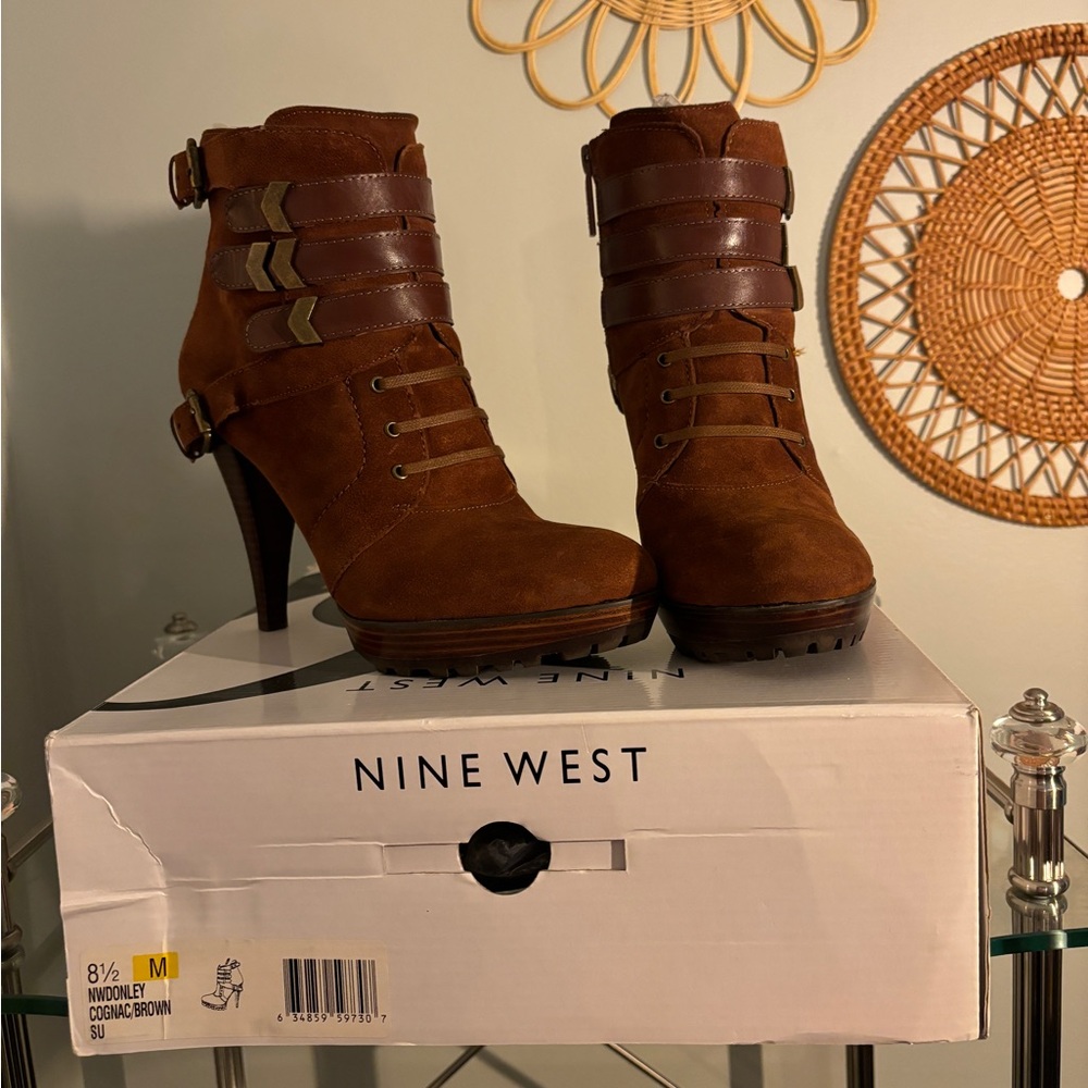 Nine West Suede Cognac Heeled Uncle Booties